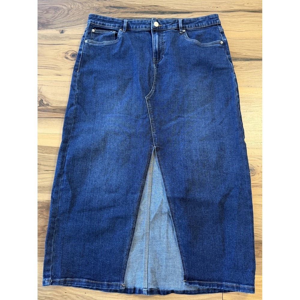 Baccini Denim Midi Skirt Womens 14 Blue Stretch Jean Skirt Front Slit